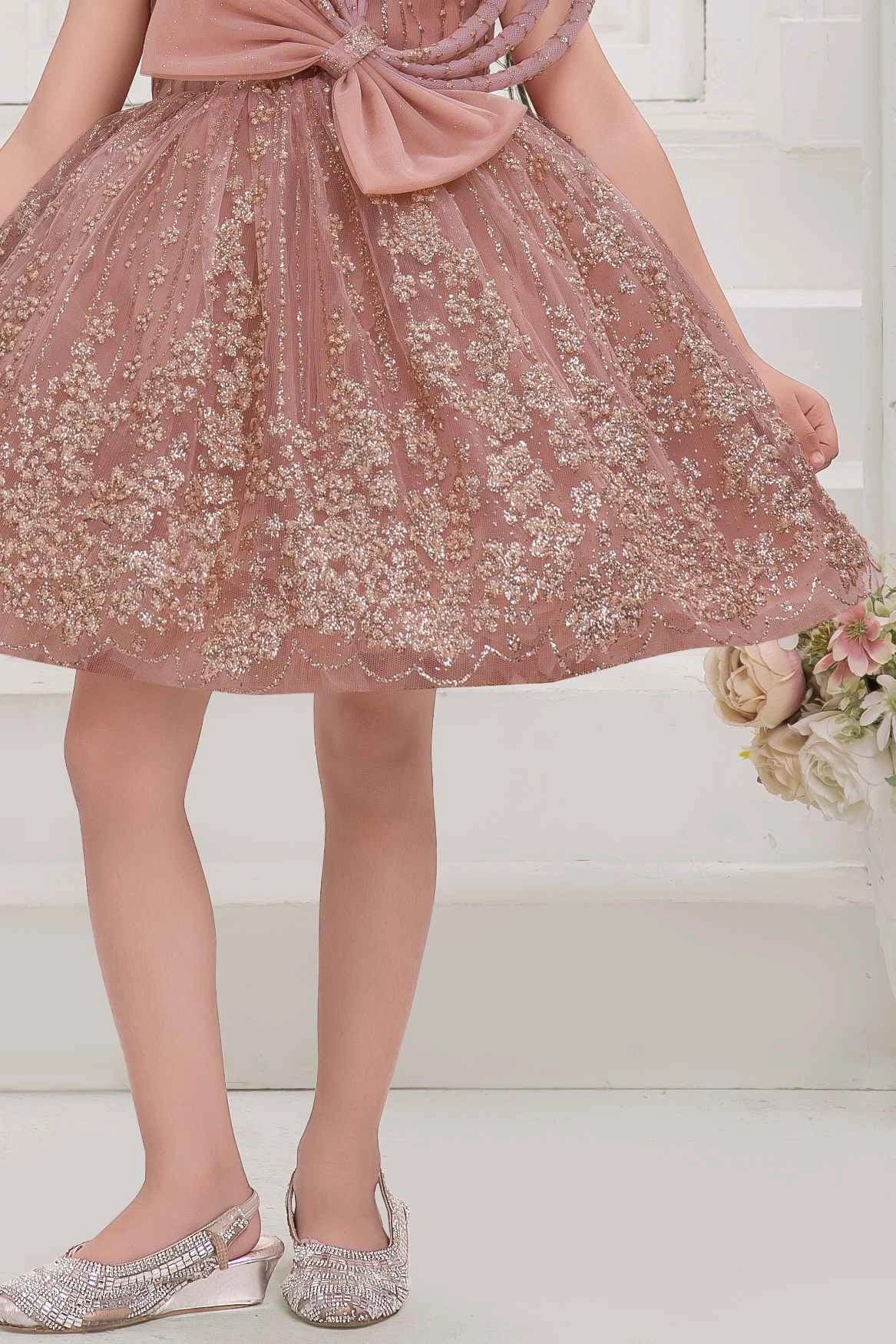 Peach Frock With Bow Embellished And Shimmer Printed For Girls
