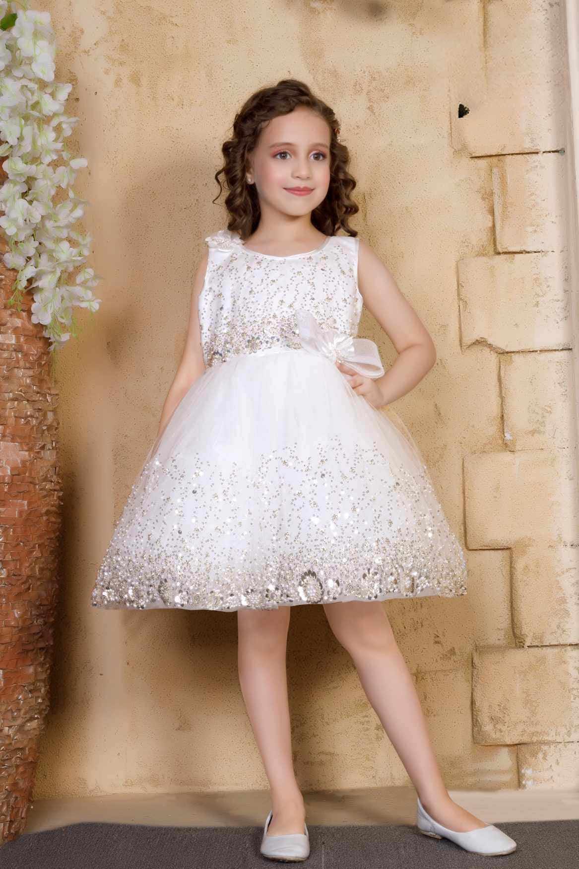 White Sequin Party Wear Frock With Bow For Girls
