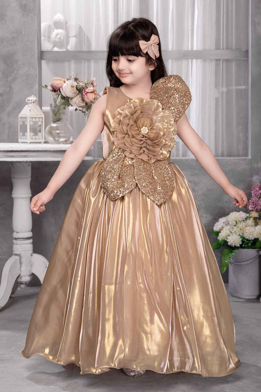 Copper Brown Floral Embellished With Sequins Gown For Girls