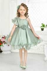 Green Aysmmetric Sleeve Frock With Floral Embellished For Girls