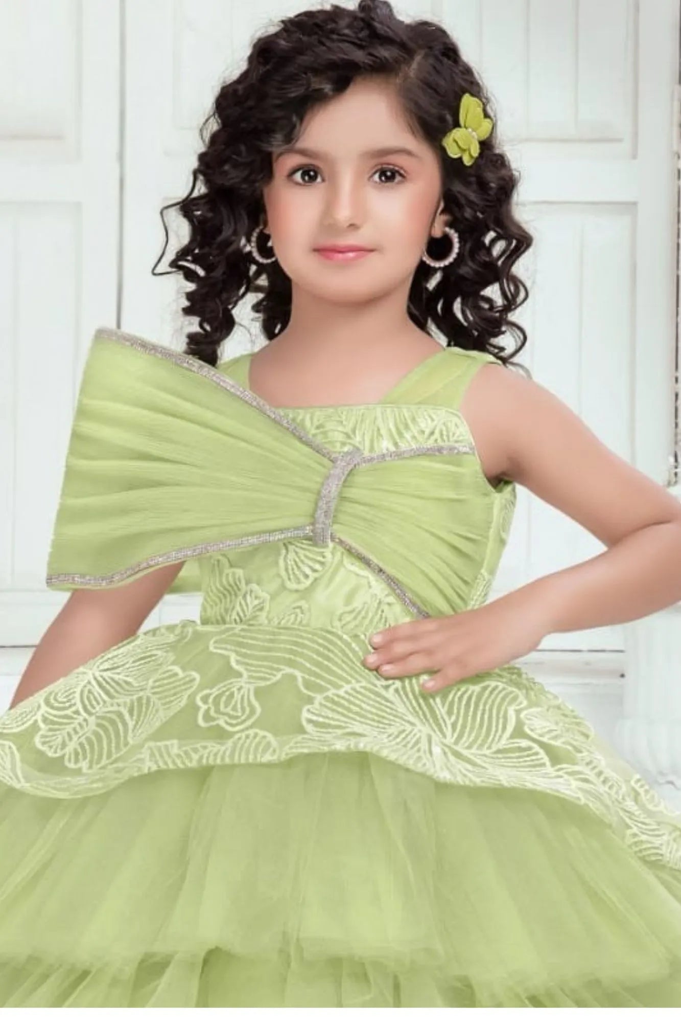 Designer Pista Green Bow Embellished And Sequins Work Party Wear Tail Back Frock for Girls