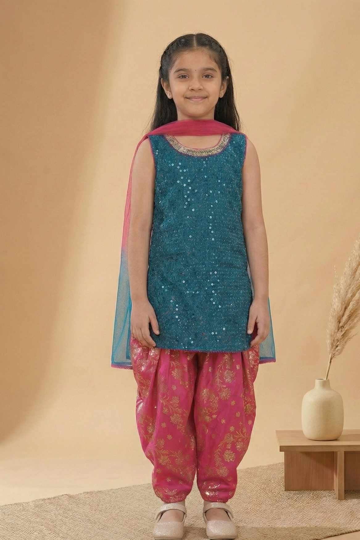 Teal Blue & Pink Seqiuns Embroidered Patiala Set with Dupatta For Girls
