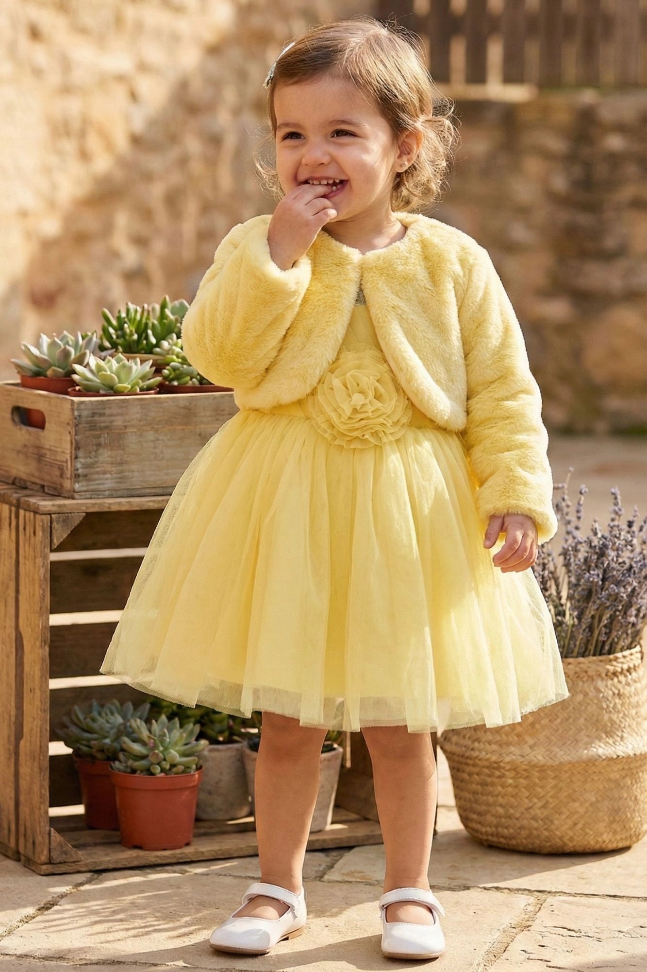 Yellow Party Wear Frock with Faux Fur Jacket For Girls