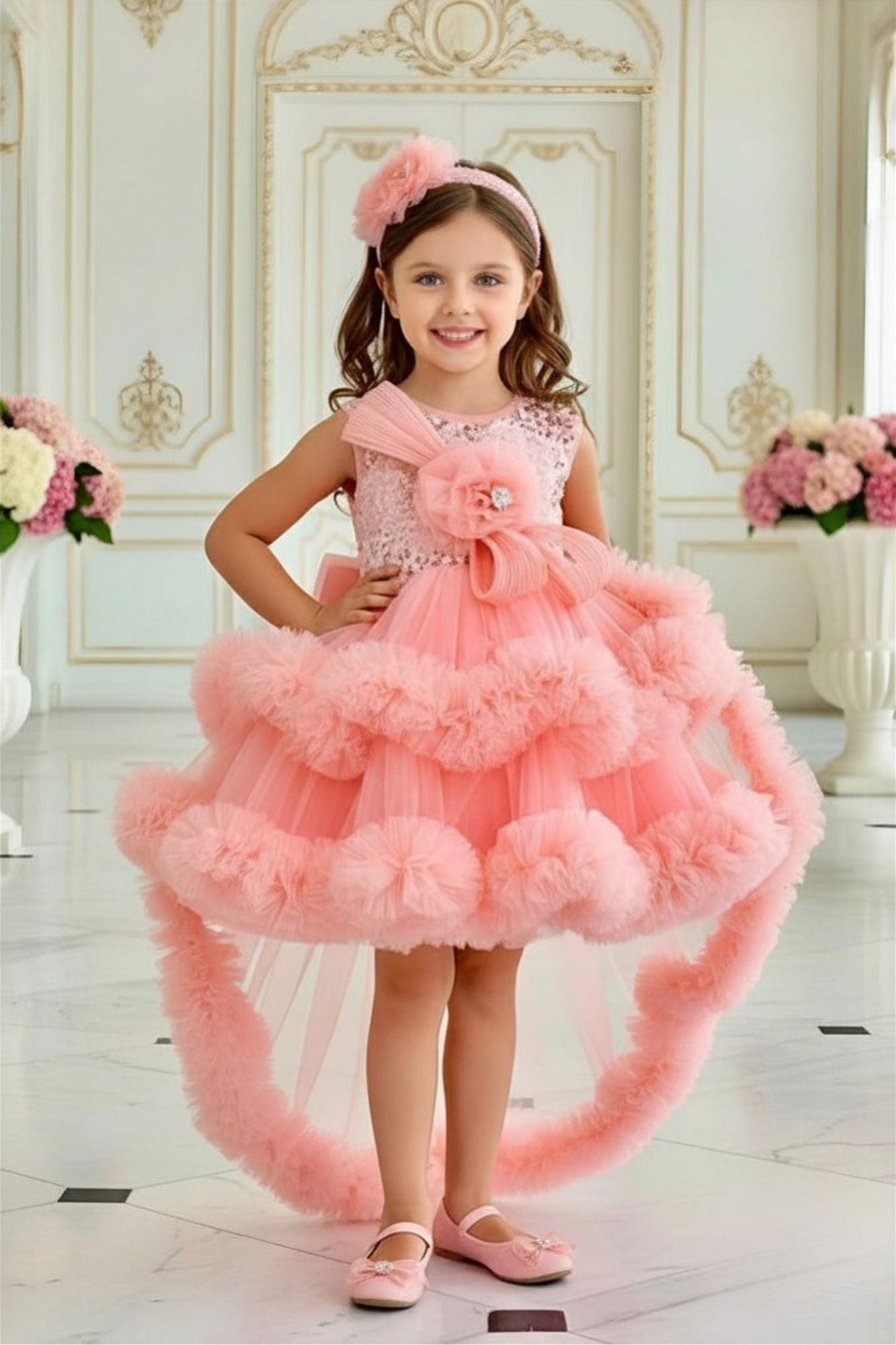 Girls Peach Sequin Embellished Party Frock with Tulle Layers and Floral Detail
