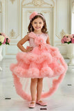 Girls Peach Sequin Embellished Party Frock with Tulle Layers and Floral Detail