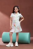 Girls Off-White  Shirt Dress with Neon Embroidery And Tassel Tie-Up Waist