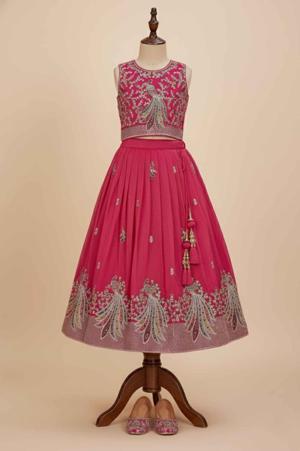 Rani Pink Peacock Embroidered Lehenga Choli with Dupatta For Girls