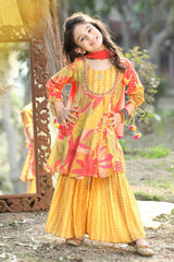 Mustard Printed And Sequin Sharara Set For Girls