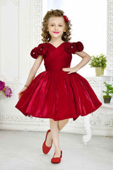 Maroon Partywear Frock Embellished With Flowers For Girls