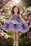 Lavender Layered Party Frock with 3D Floral Bow For Girls