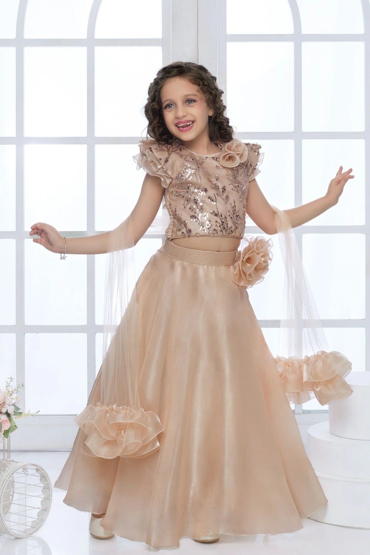 Golden Sequins Embroidered with 3D Floral Appliques Lehenga Set For Girls