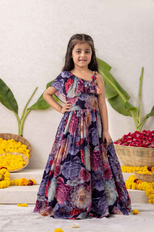 Violet Sequins Worked And Floral Printed Gown For Girls