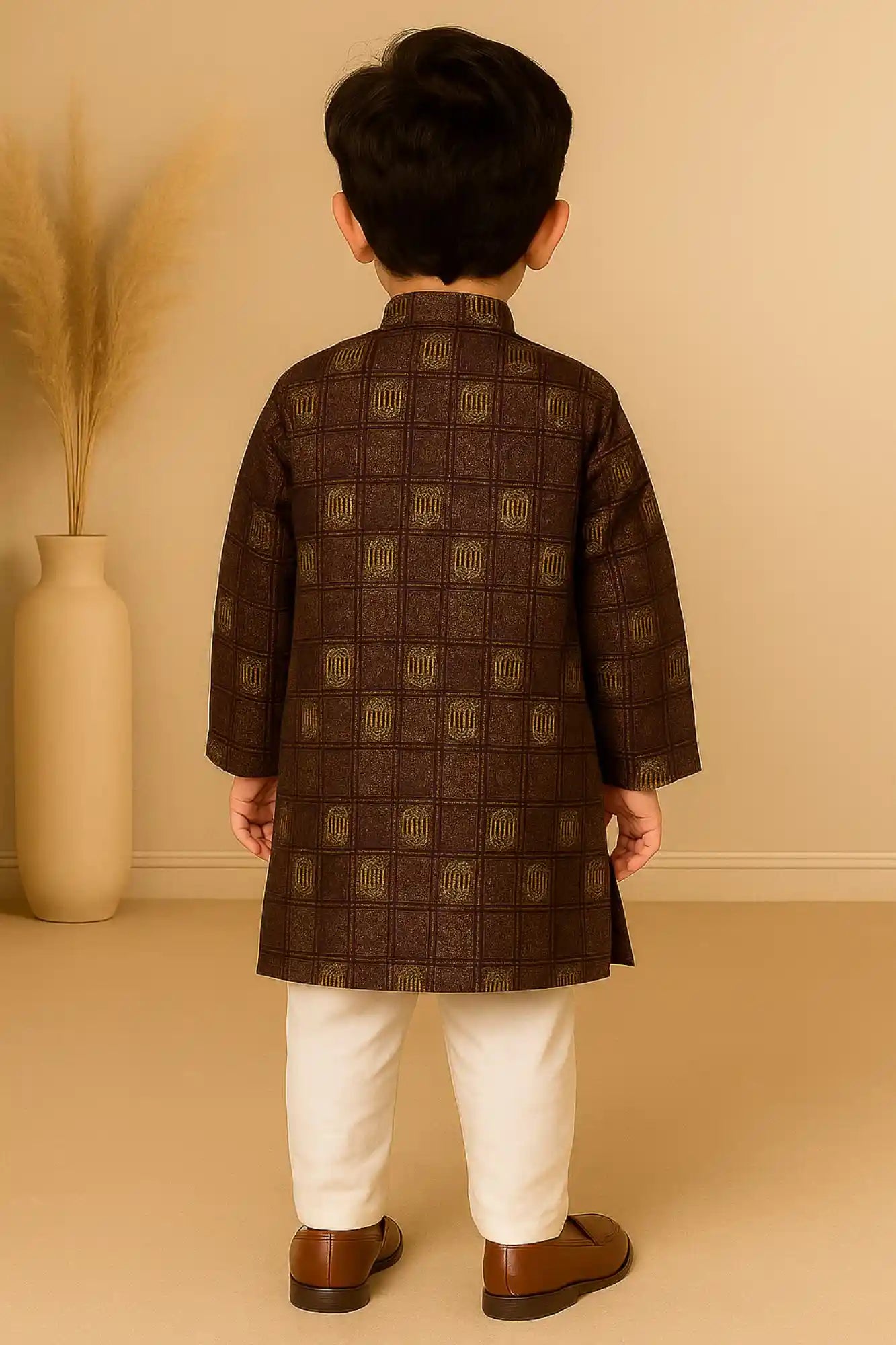 Purple And Beige Printed Kurta Set with Sequins Embroidery For Boys