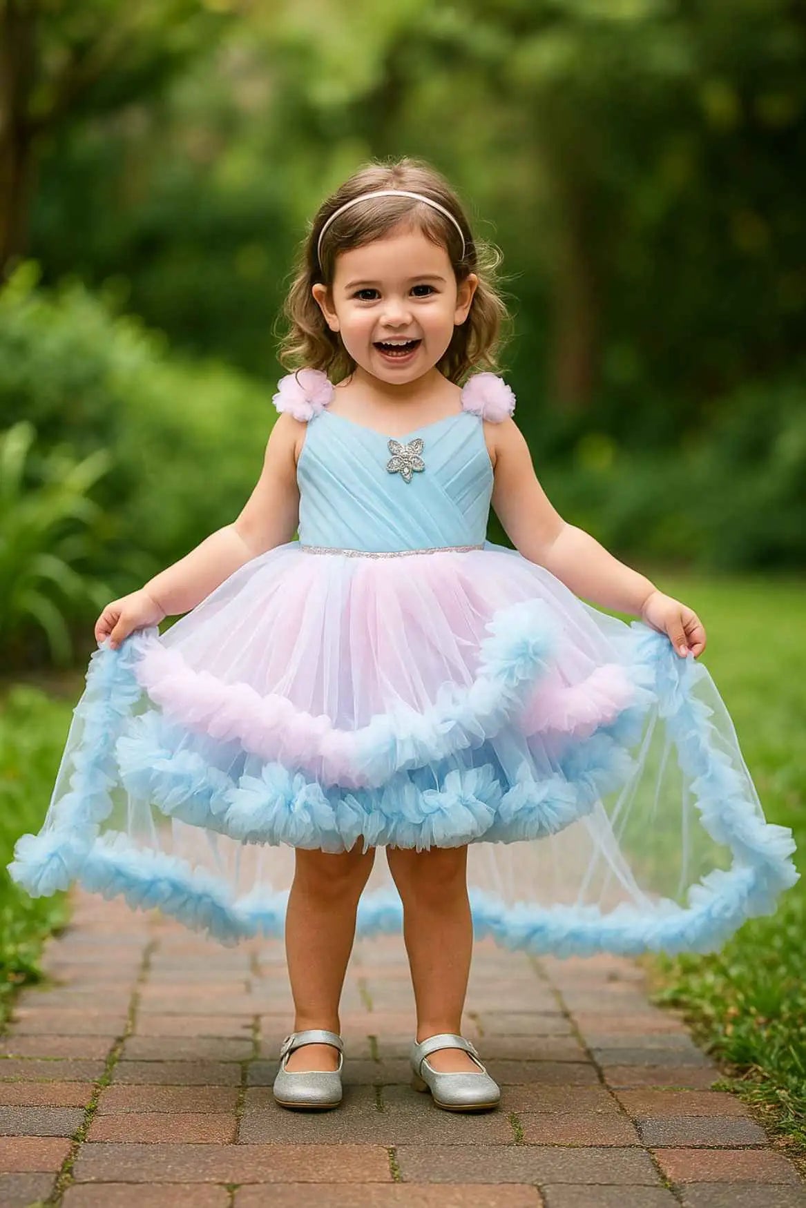 Blue Ruffle Party Frock With Stone Embellished And High-Low Hem For Girls