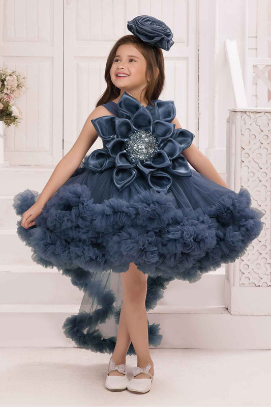 Teal Blue Tailback Frock With Floral Embellishments For Girls