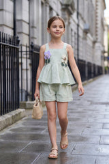 Girls Pista Green Peplum Top And Shorts Co-Ord Set with Floral Applique