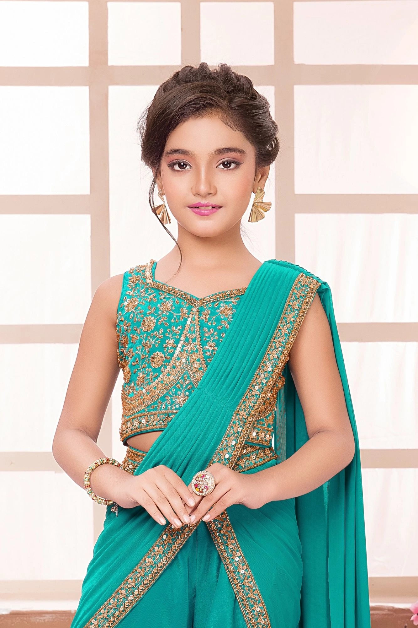 Teal Green Draped Palazzo Saree with Embroidered Blouse For Girls
