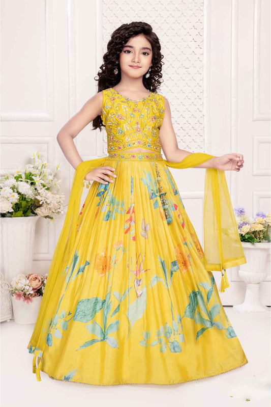 Yellow Lehenga Choli With Printed And Embroidery Work For Girls