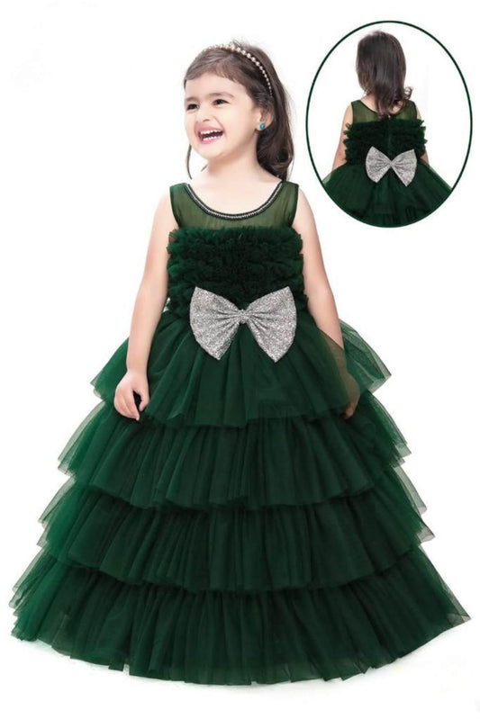 Designer Multilayer Green Gown With Bow Embellished For Girls - Lagorii Kids