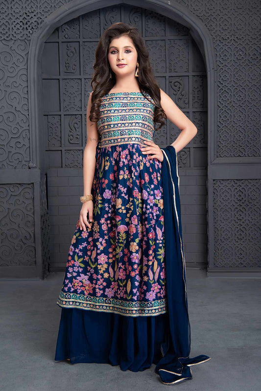 Blue Floral Printed Palazzo Set For Girls