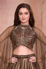 Girls Elegant Bronze Brown Sequin Embroidered Lehenga Choli Set with Cape