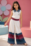 Girls White Printed Jumpsuit with Floral Collar & Border Detailing