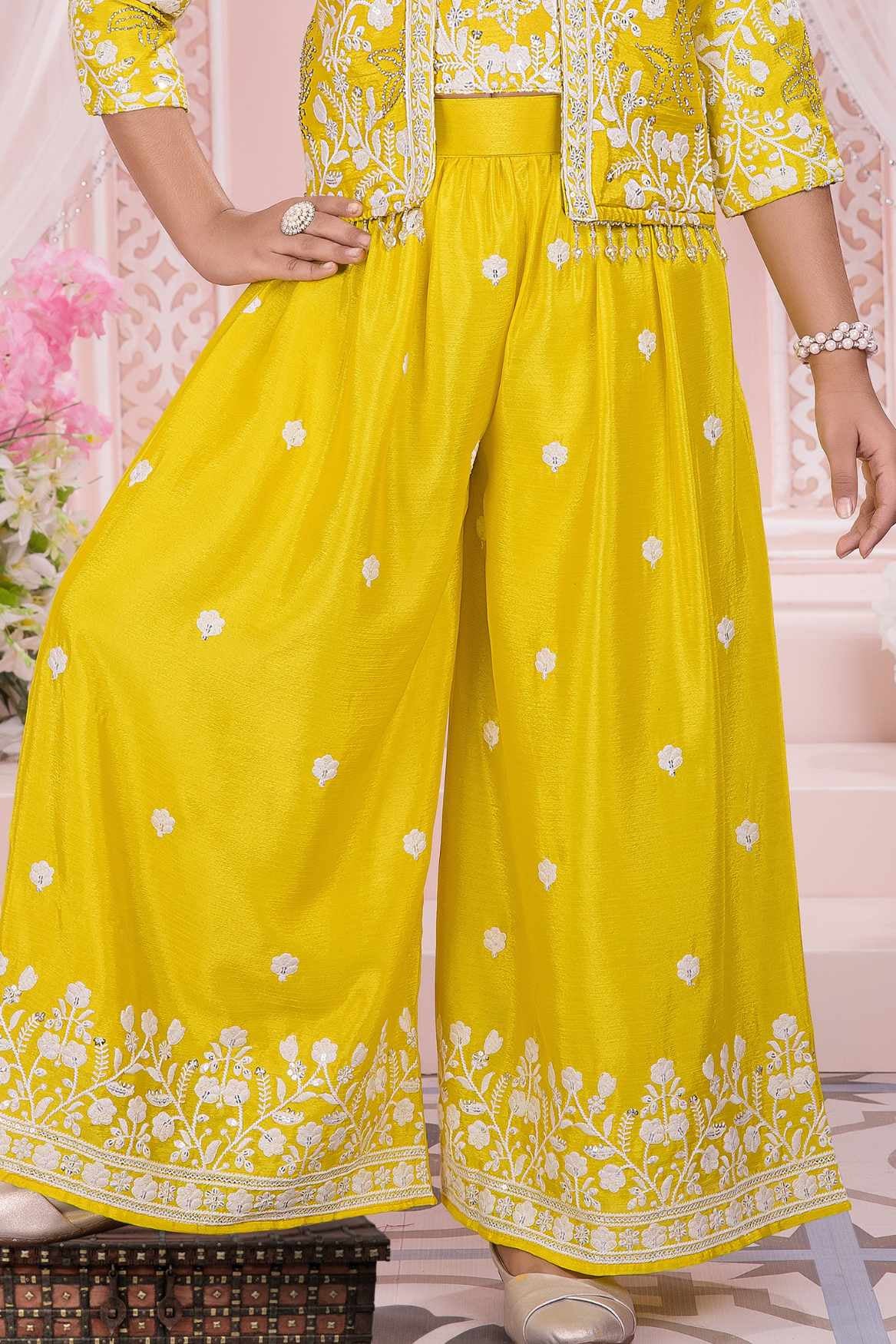 Sunshine Yellow Embroidered Jacket Palazzo Set For Girls