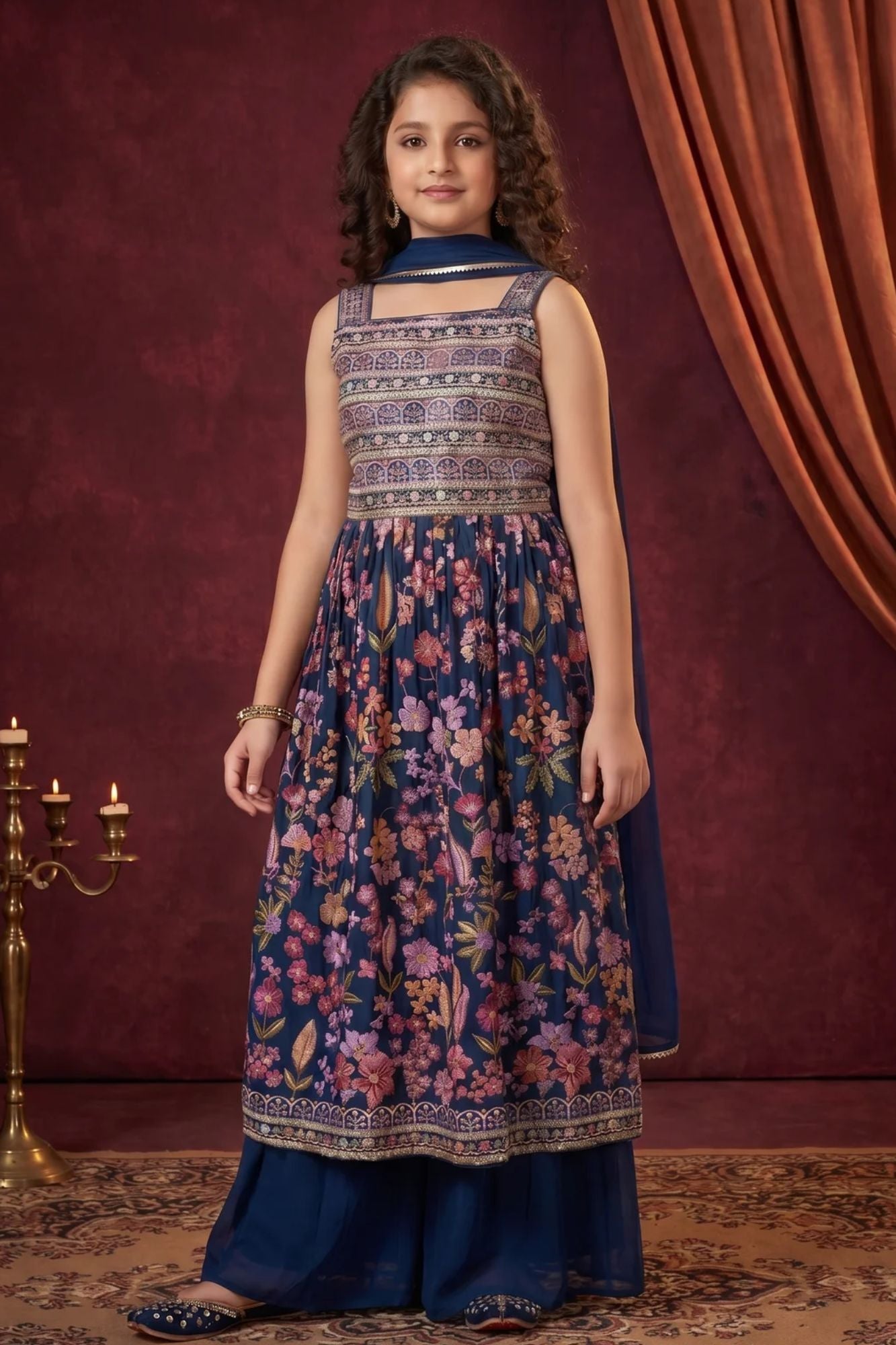 Girls Navy Blue Floral Printed Ethnic Palazo Set with Dupatta