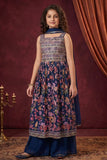 Girls Navy Blue Floral Printed Ethnic Palazo Set with Dupatta