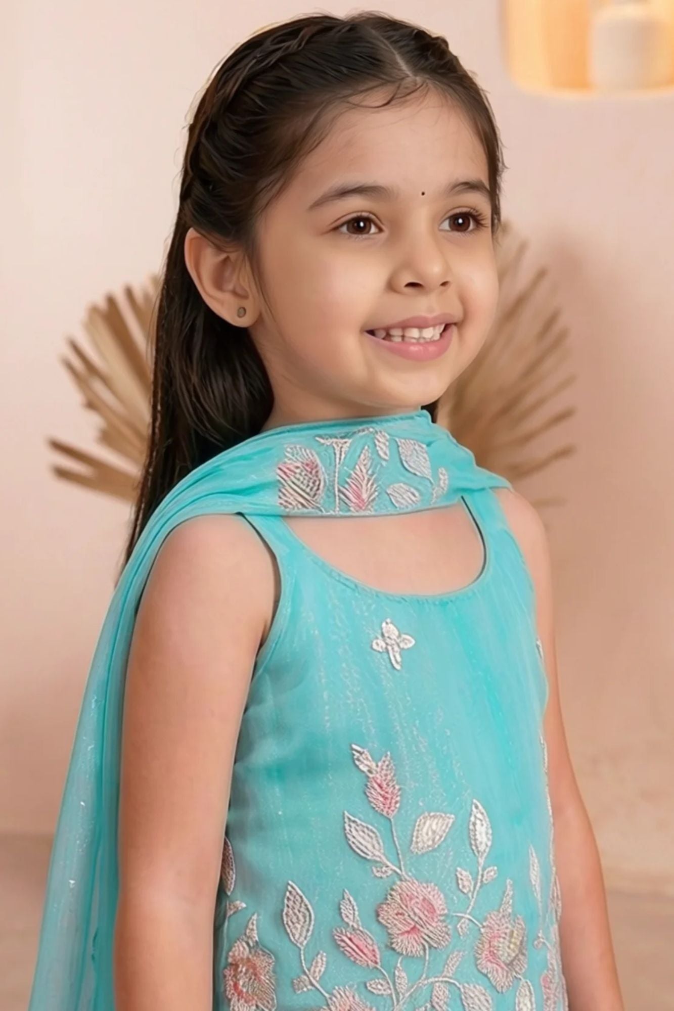 Girls Blue Floral Embroidered Sharara Set with Dupatta