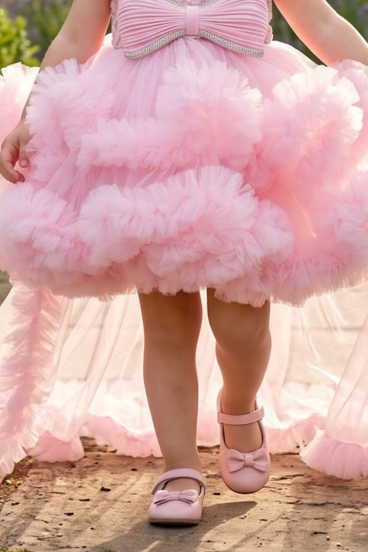 Girls Pink Floral Net High-Low Party Frock