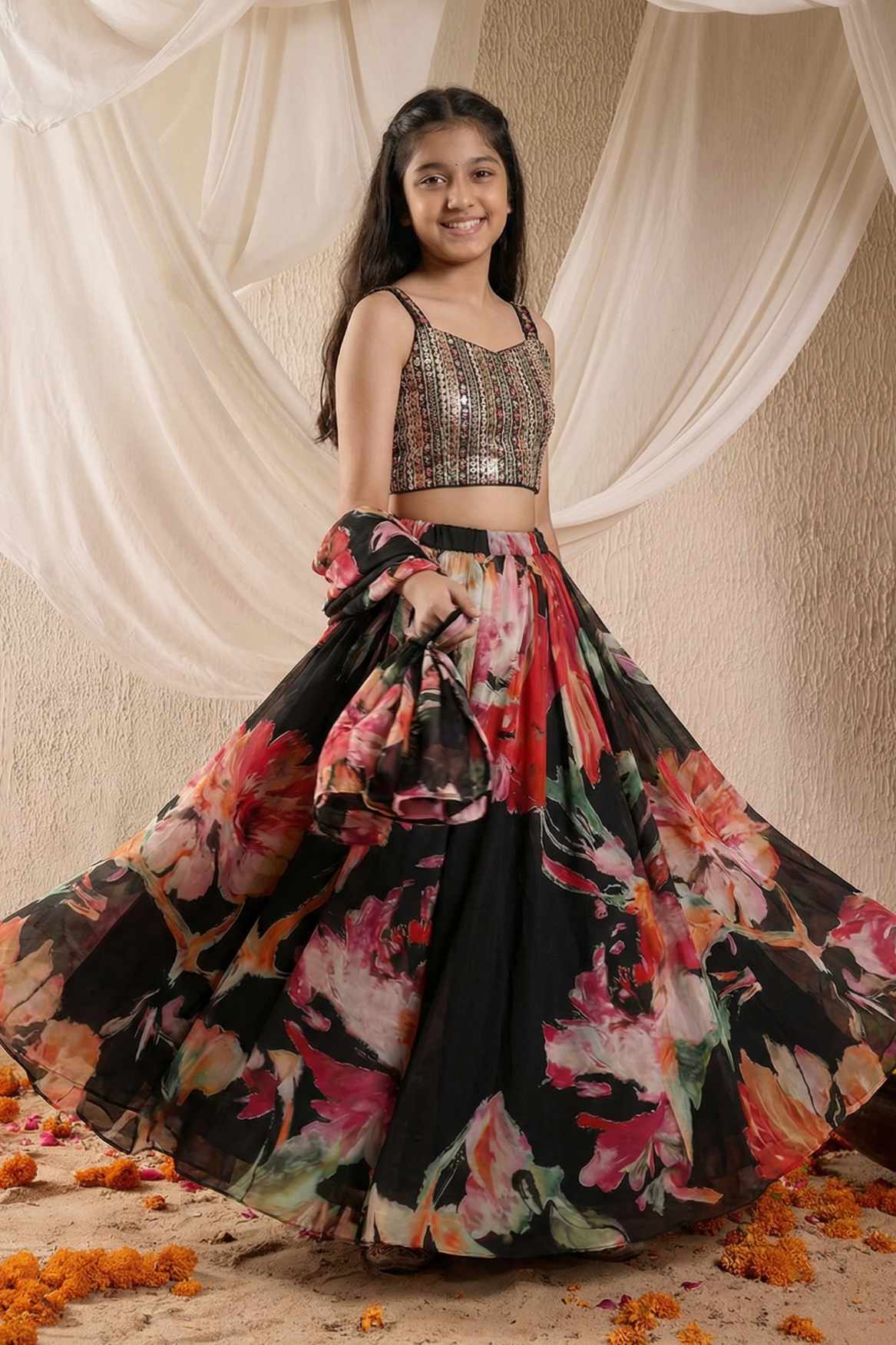 Black Floral Printed Lehenga Choli Set for Girls