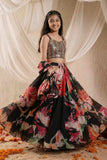 Black Floral Printed Lehenga Choli Set for Girls