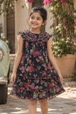 Black Floral Tiered Frock with Smocked Collar Dress For Girls
