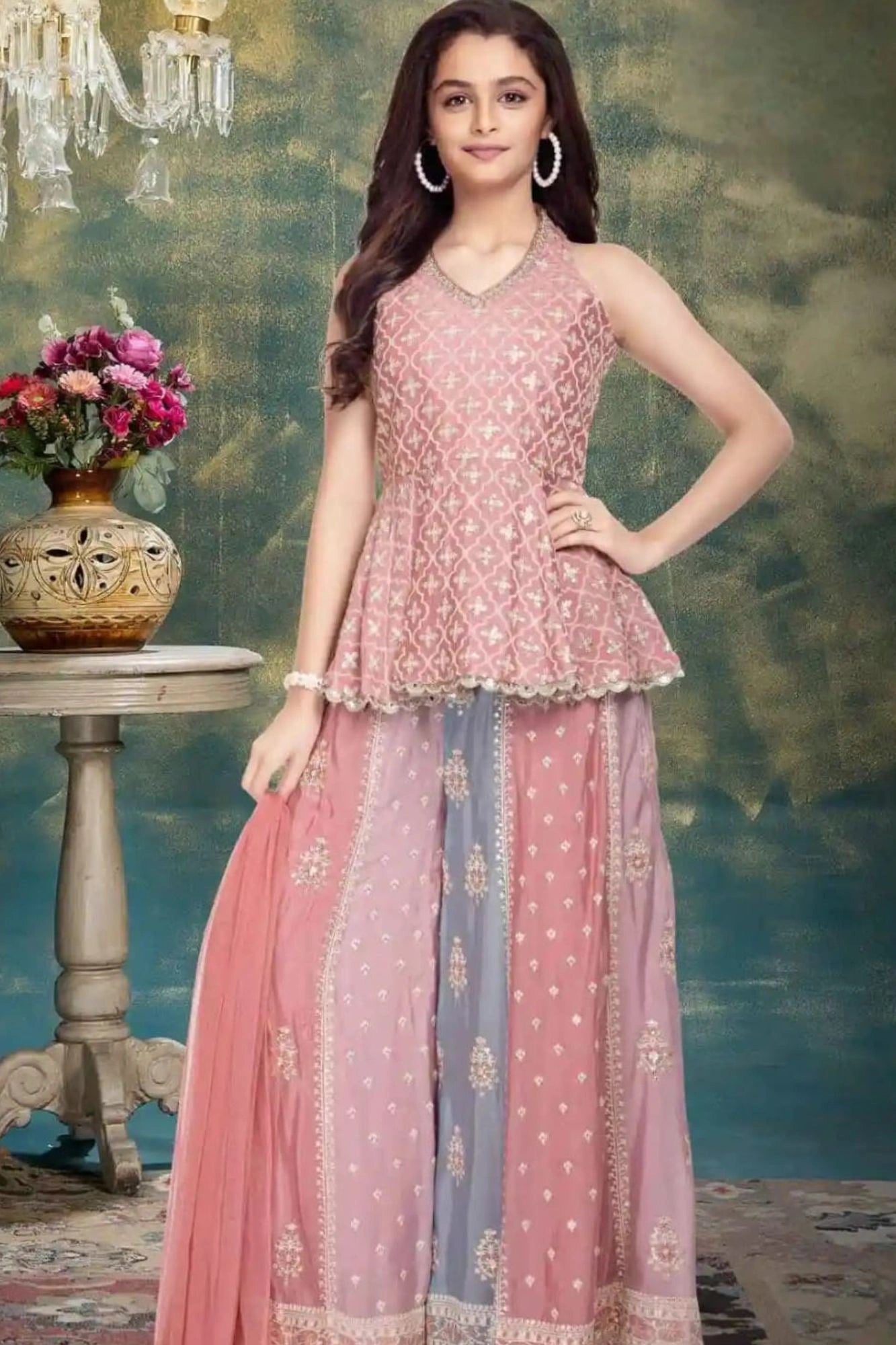 Multicolor Embroidered Palazzo Set with Dupatta For Girls
