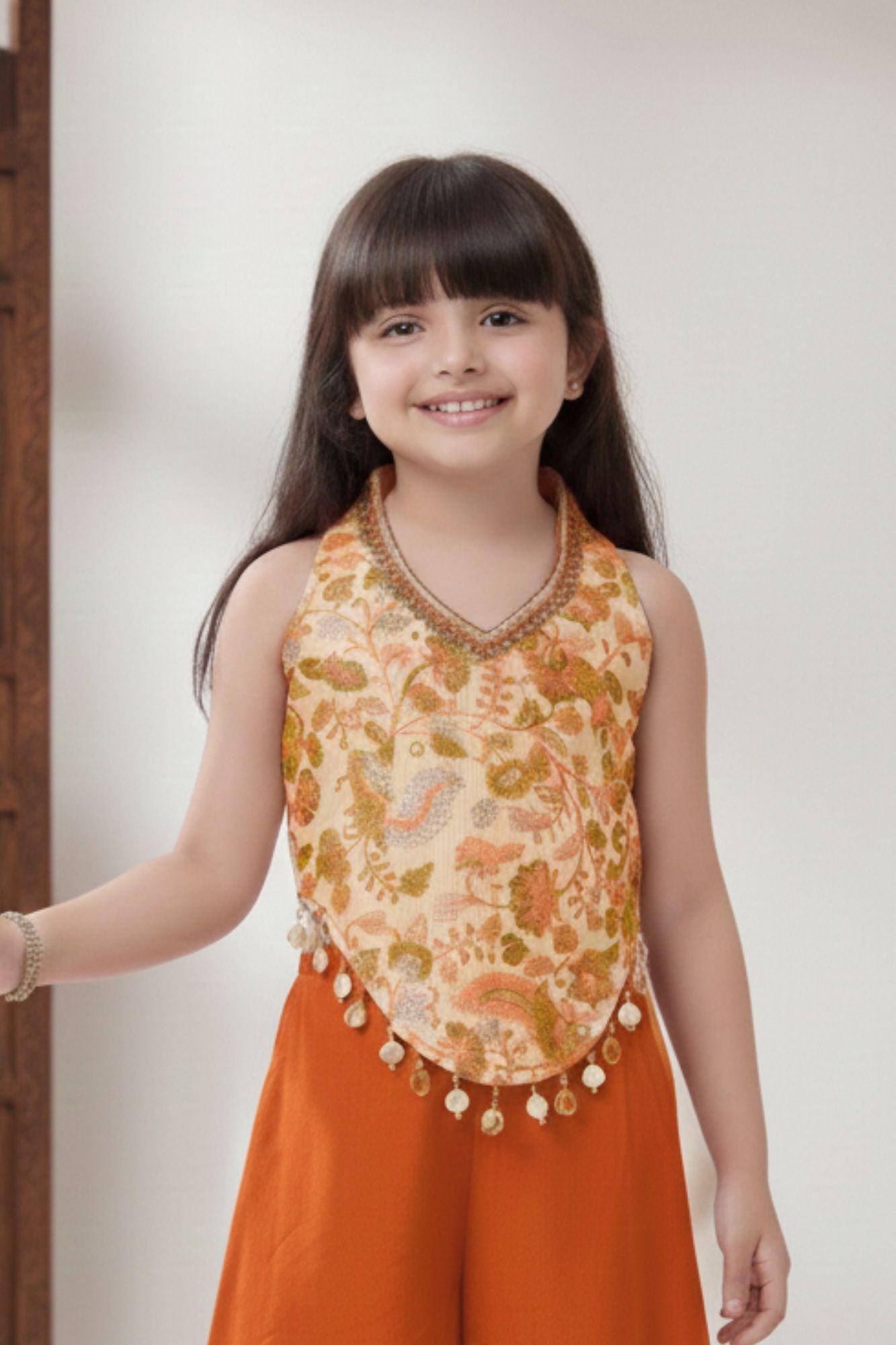Orange Embroidered Sleeveless Top With Flowy Palazzo Set For Girls