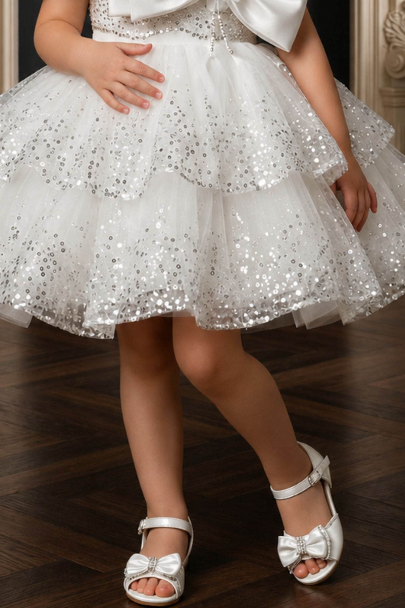 Girls White Sequin Bow Party Wear Frock