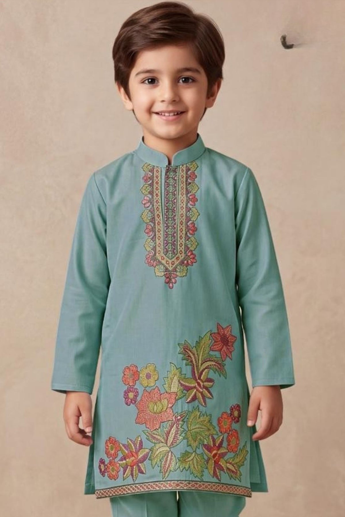 Boys Elegant Blue  Floral Embroidered Kurta Set