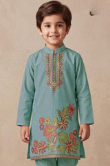 Boys Elegant Blue  Floral Embroidered Kurta Set
