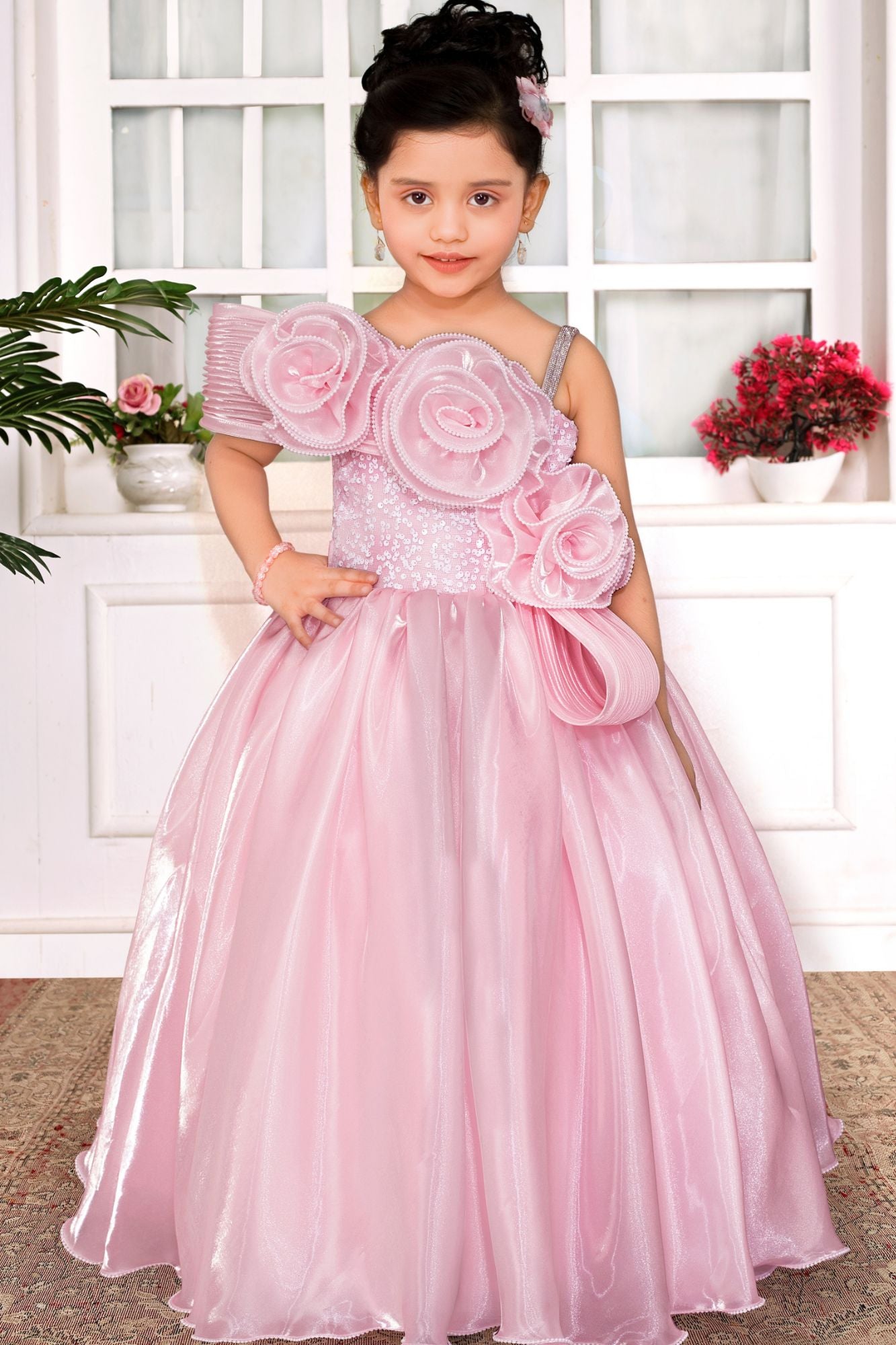 Girls Baby Pink One-Shoulder Party Gown with 3D Floral Ruffles