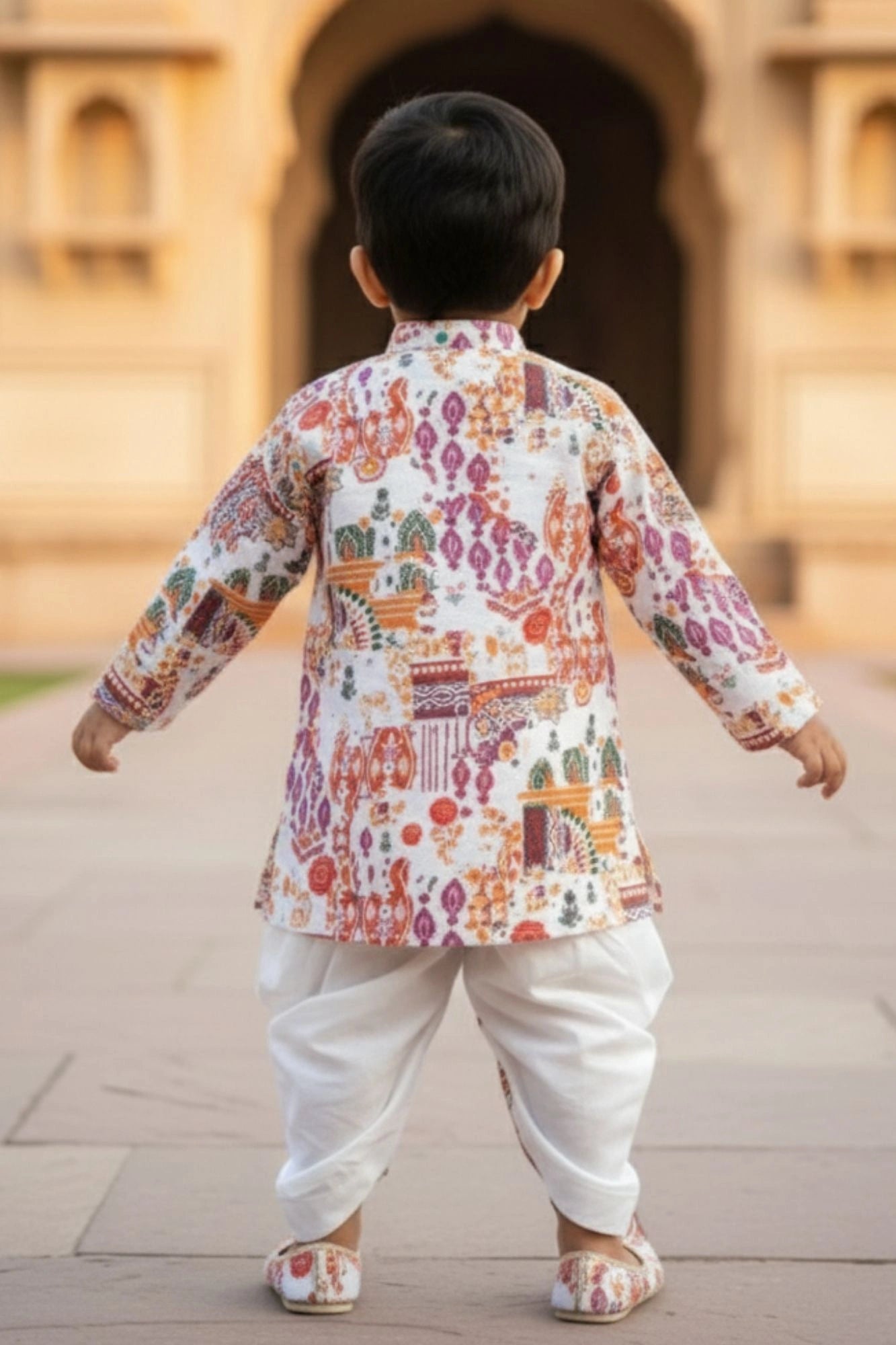 Cream And Multicolor Printed Kurta And Dhoti  Set for Boys