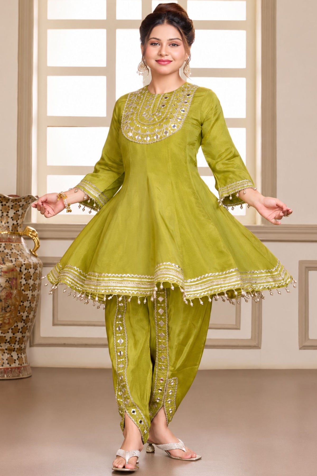 Girls Green Mirror Work Dhoti Kurti Set
