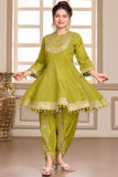 Girls Green Mirror Work Dhoti Kurti Set