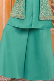 Girls Sea Green Embroidered Kurti Palazzo Set with Jacket