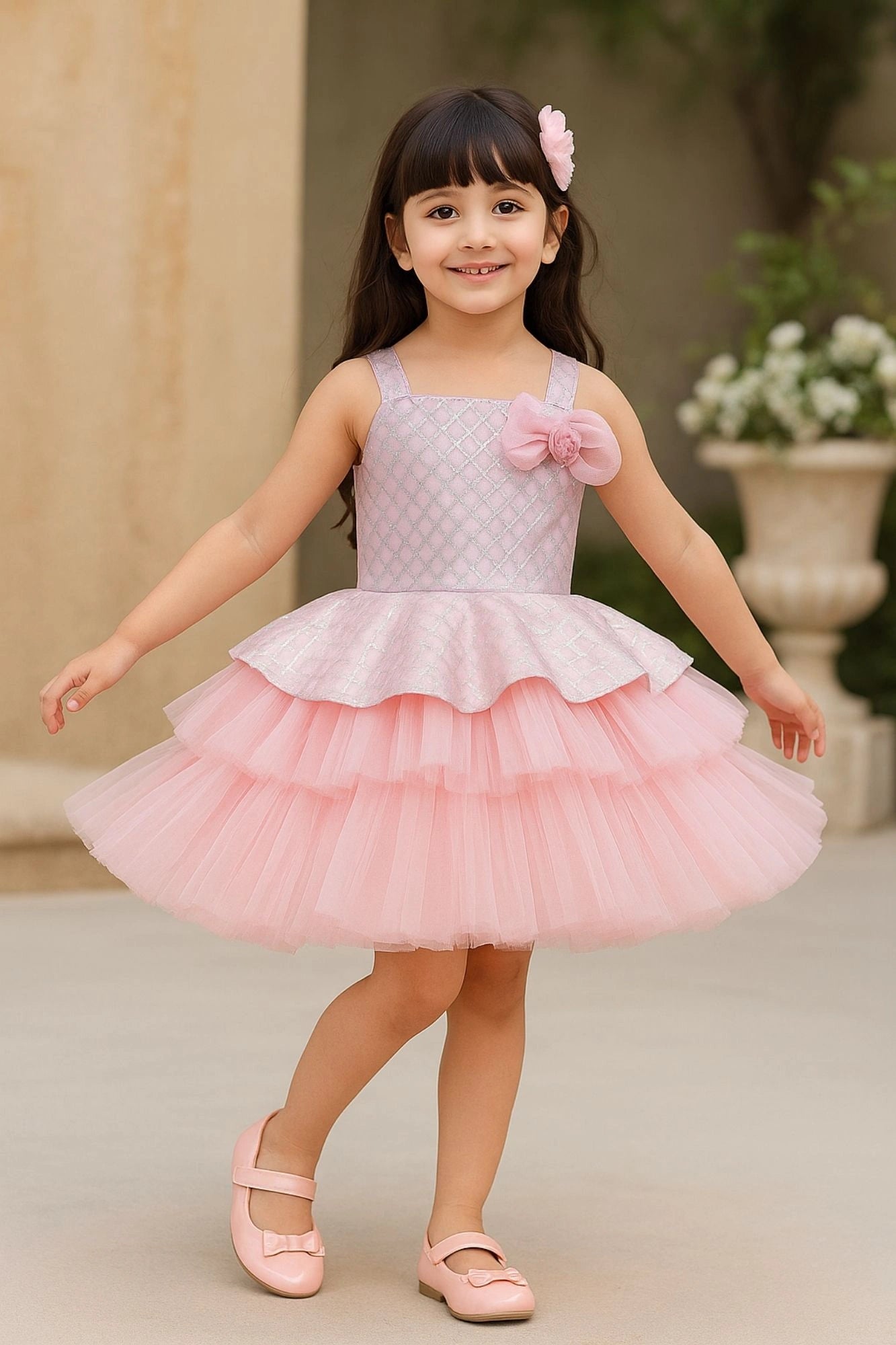 Pink & Silver Layered Sequins Embroidered Party Frock with Shoulder Bow For Girls