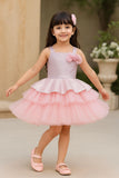 Pink & Silver Layered Sequins Embroidered Party Frock with Shoulder Bow For Girls