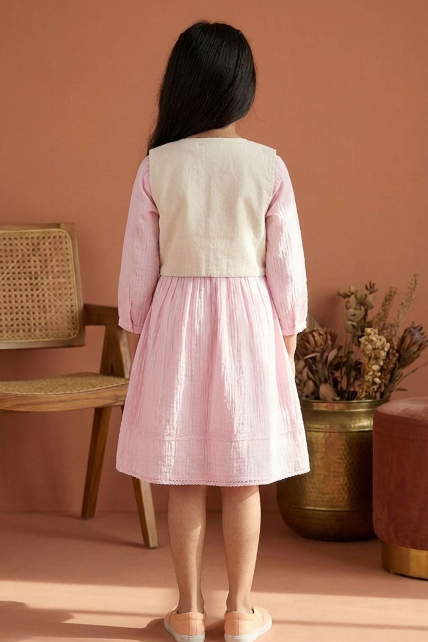 Casual Blush Pink Cotton Dress with Embroidered Jacket for Girls