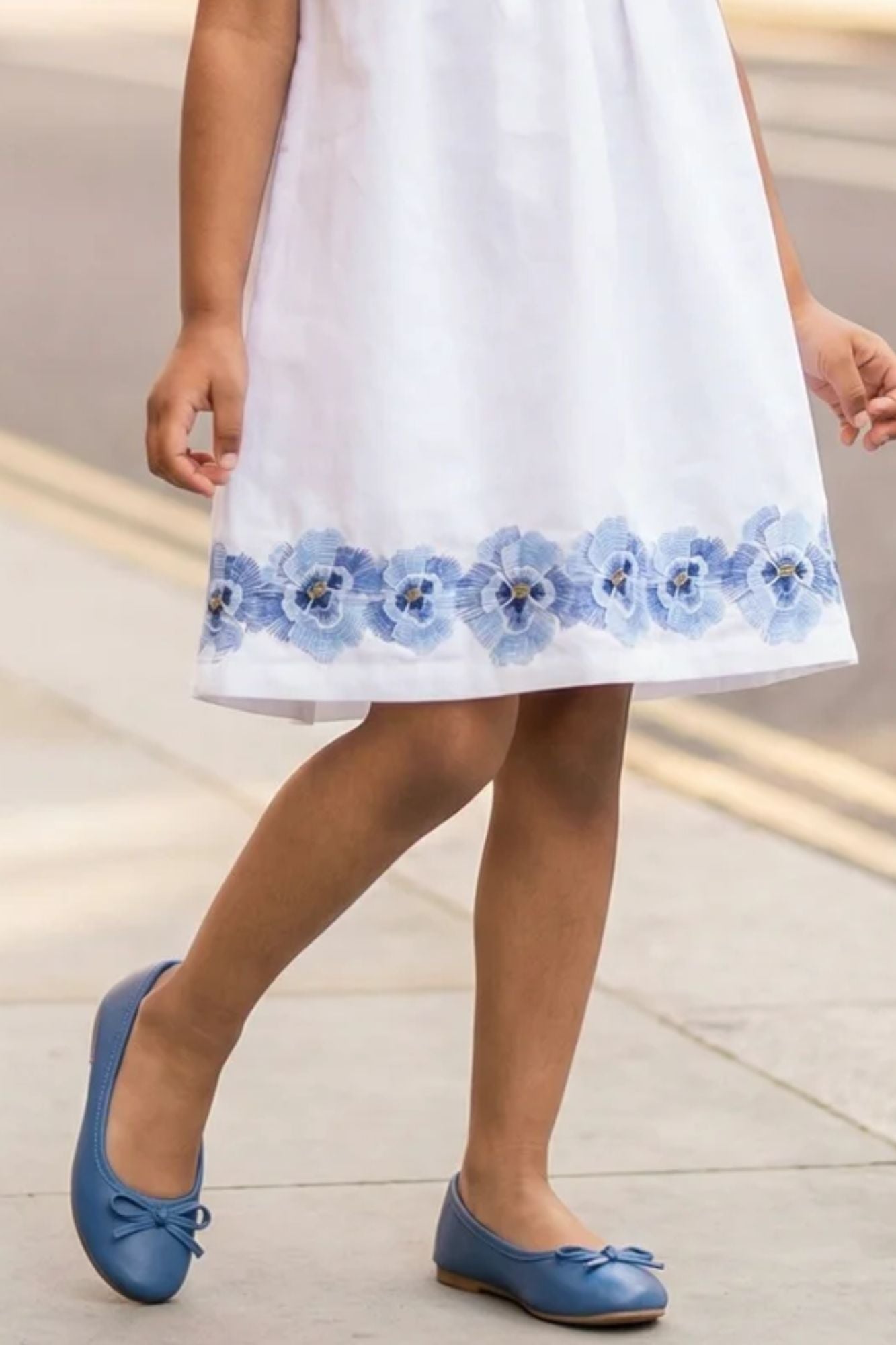 Girls White A-Line Dress with Blue Floral Embroidery Lagorii Kids Girls White A-Line Dress with Blue Floral Embroidery Lagorii Kids