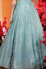 Girls Mint Green Shimmer Net Party Wear Gown With Cold Shoulder Neckline