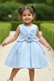 Blue 3D Floral Appliqué With Embroidery Party Wear Frock For Girls